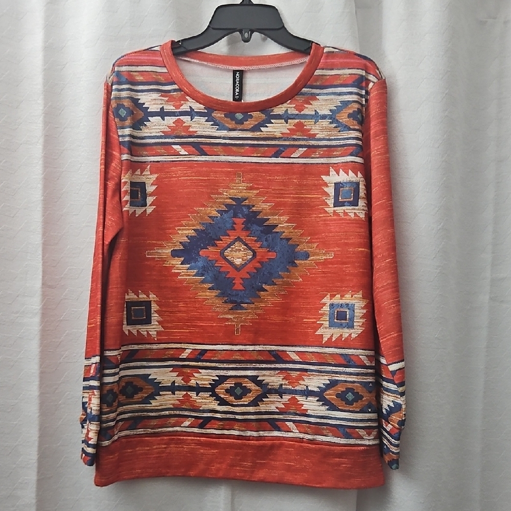Noracora Aztec Print Red Long Sleeve Top